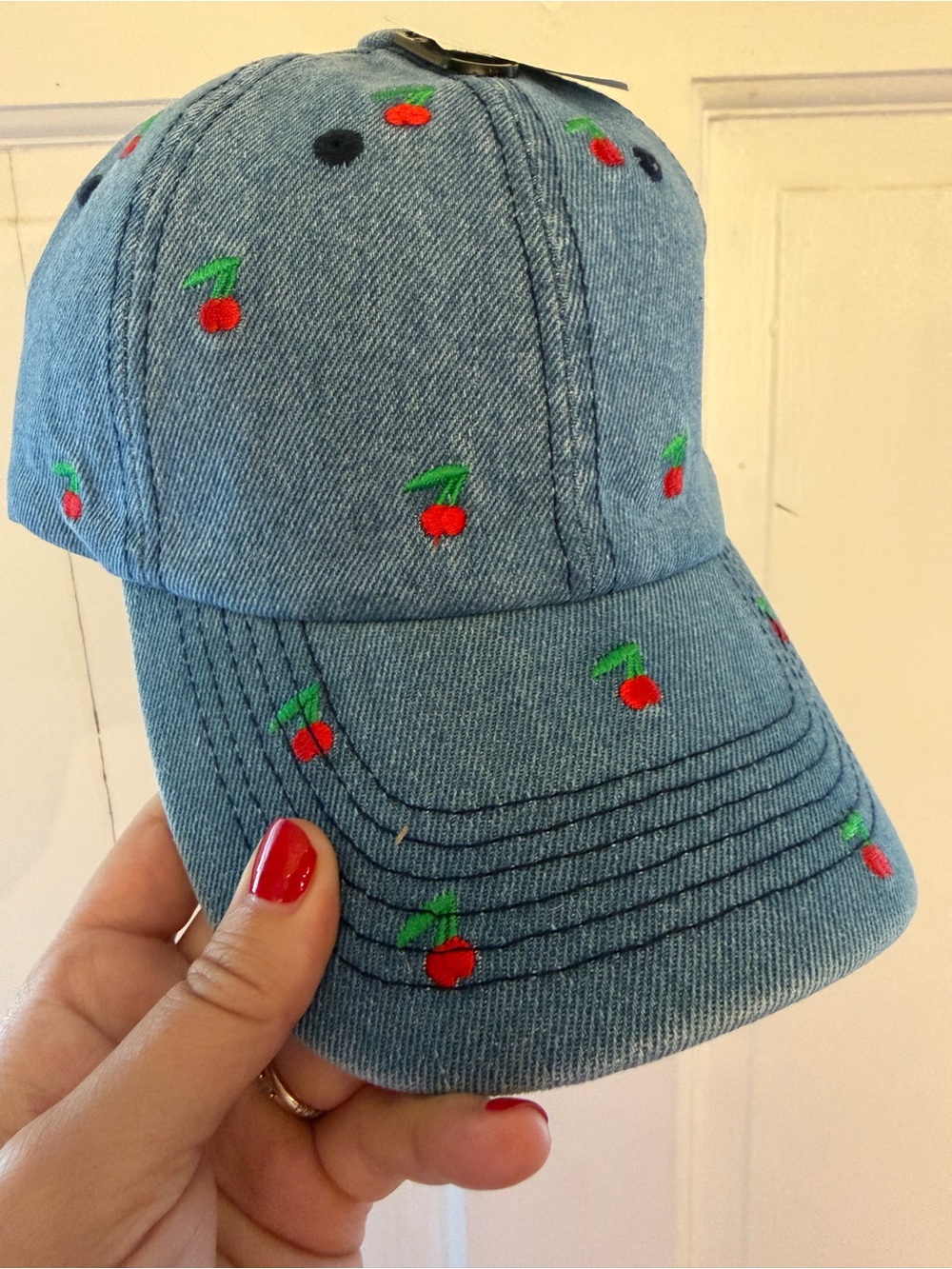 Denim Cherry Embroidered Baseball Cap